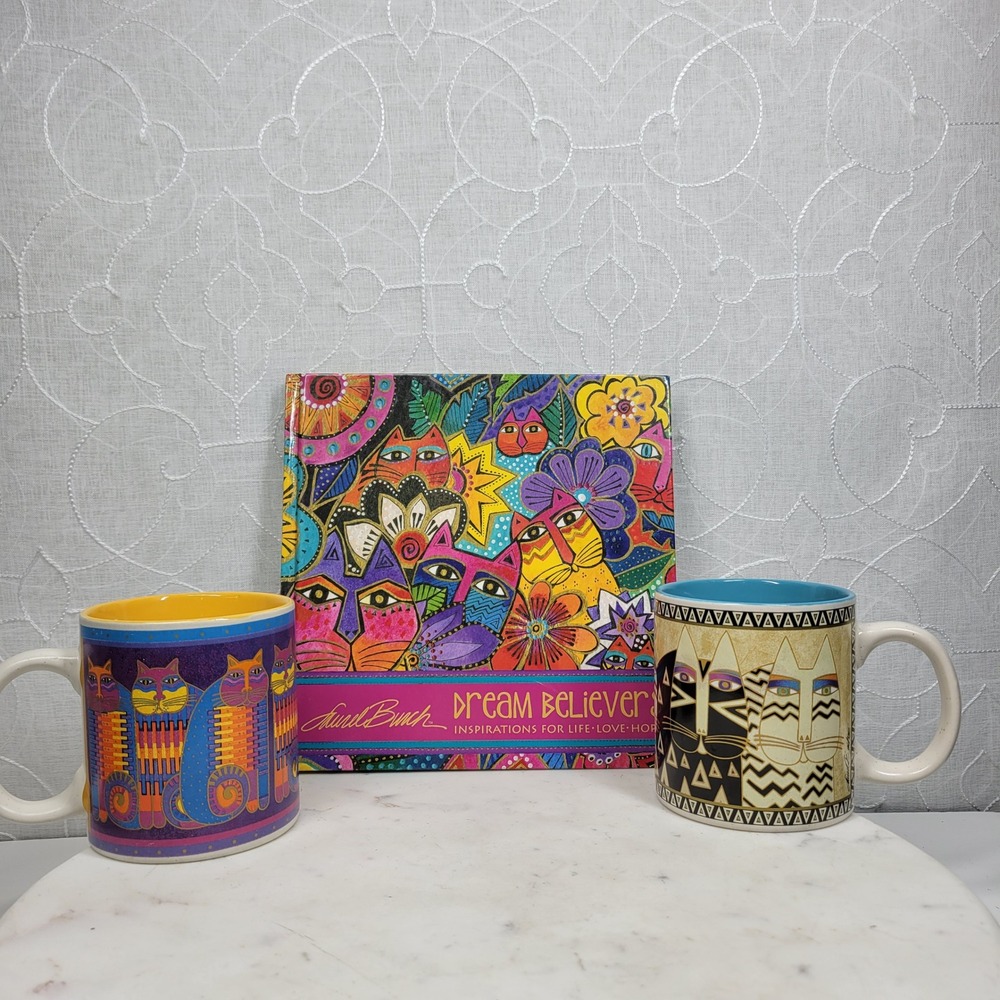 Laurel Burch Coffee Cat Mug Set Lot of 2 And Dream Believers Hardcover Book